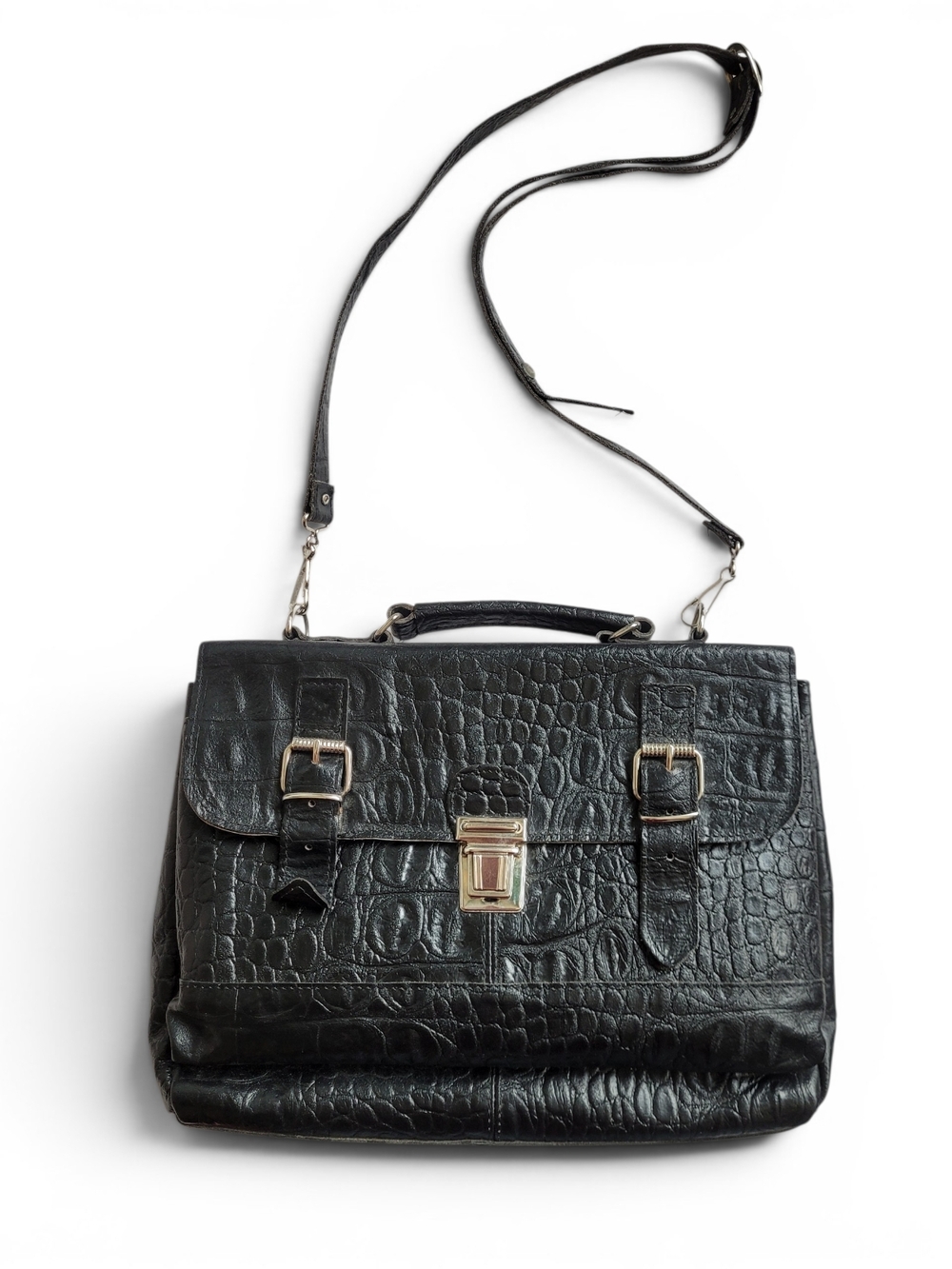 Vintage Italy Croc Embossed Leather Satchel Top Handle Crossbody Dark Academia